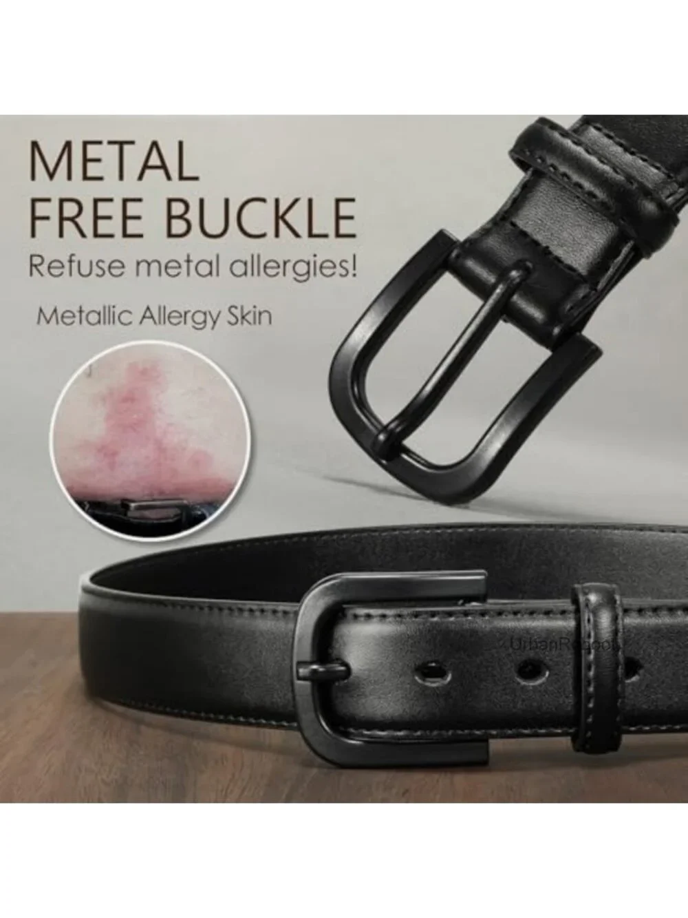 Men's Metal Free Faux Leather Belt TSA Approved Hypoallergenic Buckle